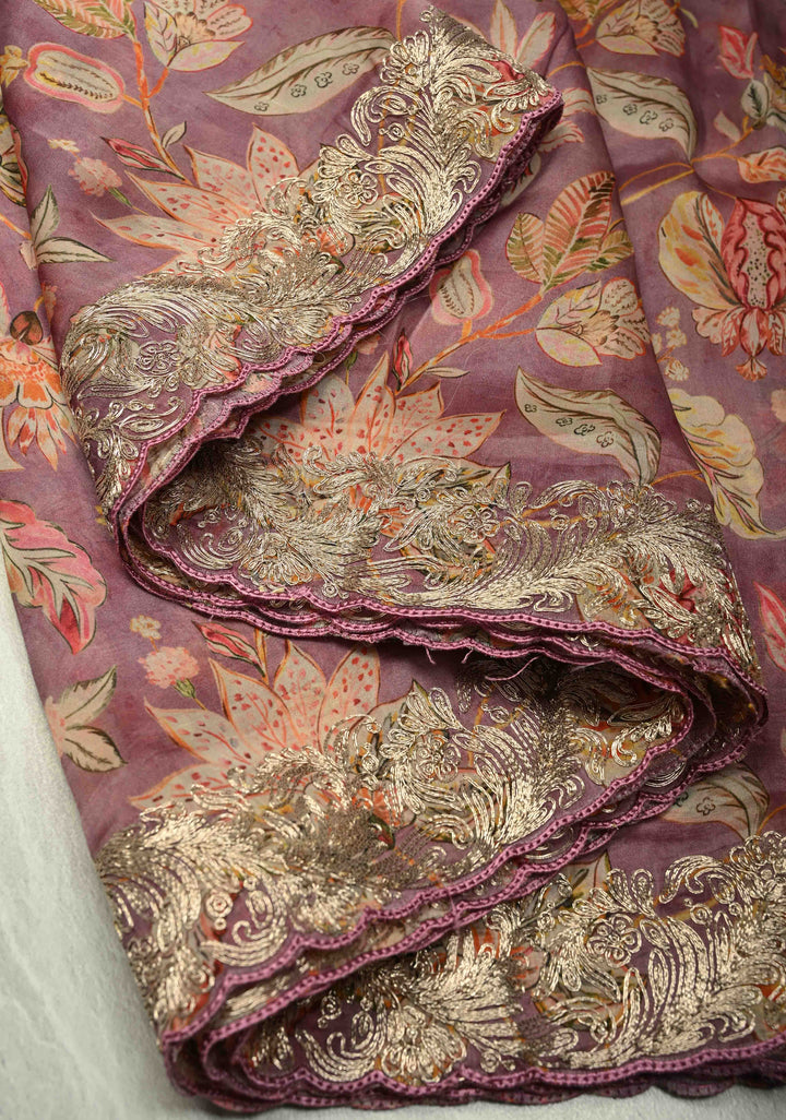 Pink Vegan Silk Habutai Saree with Digital Print and Cord Pitta Embroidery Border, No Blouse Piece