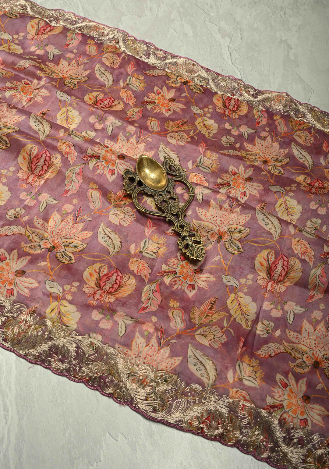 Pink Vegan Silk Habutai Saree with Digital Print and Cord Pitta Embroidery Border, No Blouse Piece