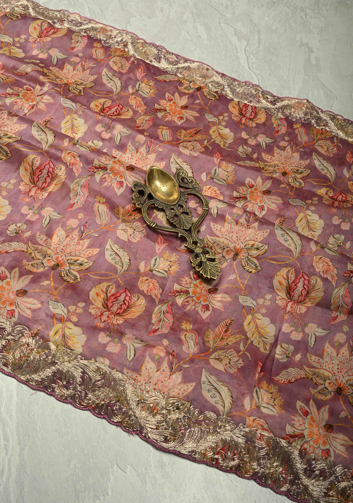 Pink Vegan Silk Habutai Saree with Digital Print and Cord Pitta Embroidery Border, No Blouse Piece