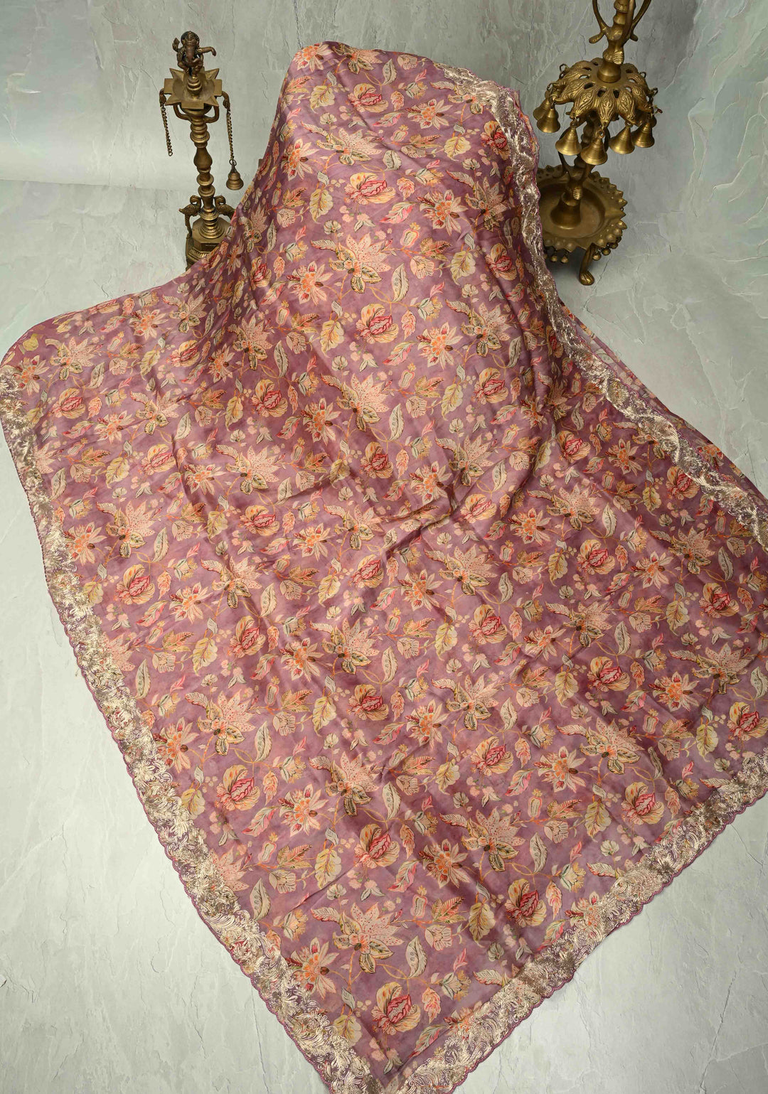 Pink Vegan Silk Habutai Saree with Digital Print and Cord Pitta Embroidery Border, No Blouse Piece