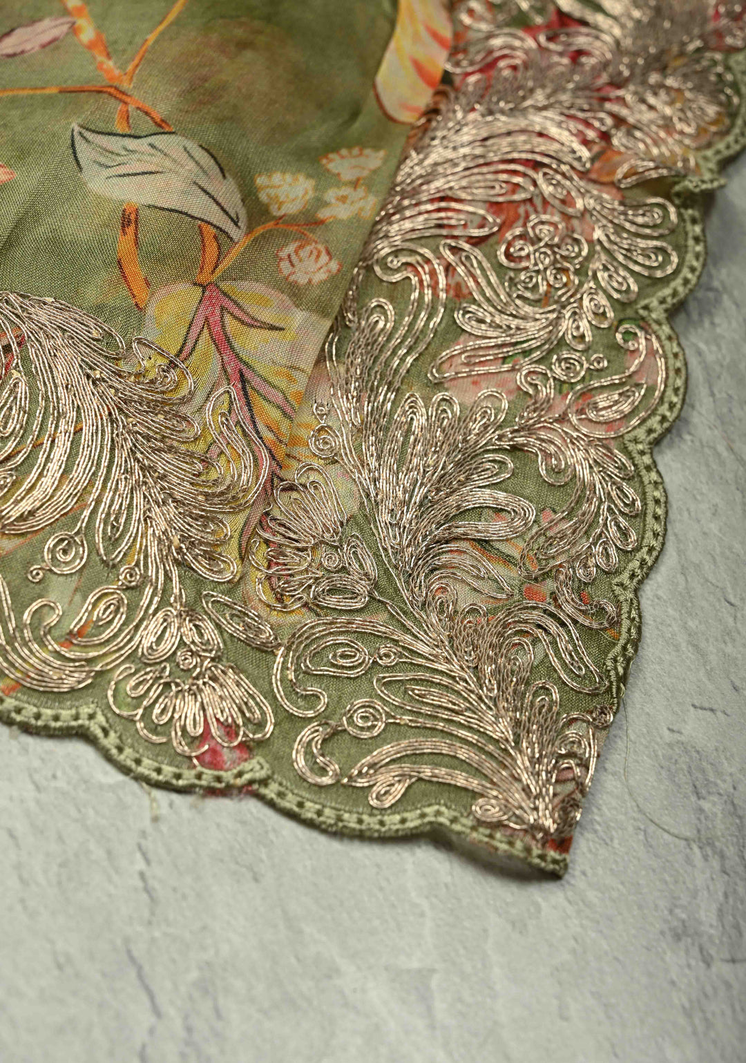 Green Vegan Silk Habutai Saree with Digital Print and Cord Pitta Embroidery Border, No Blouse Piece