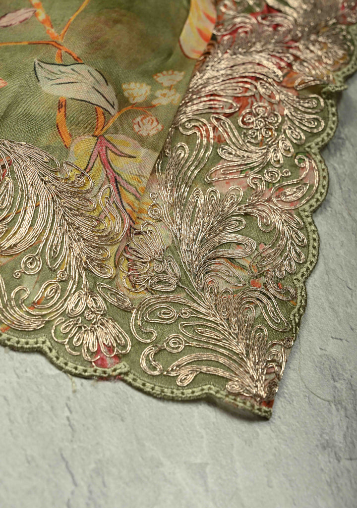 Green Vegan Silk Habutai Saree with Digital Print and Cord Pitta Embroidery Border, No Blouse Piece