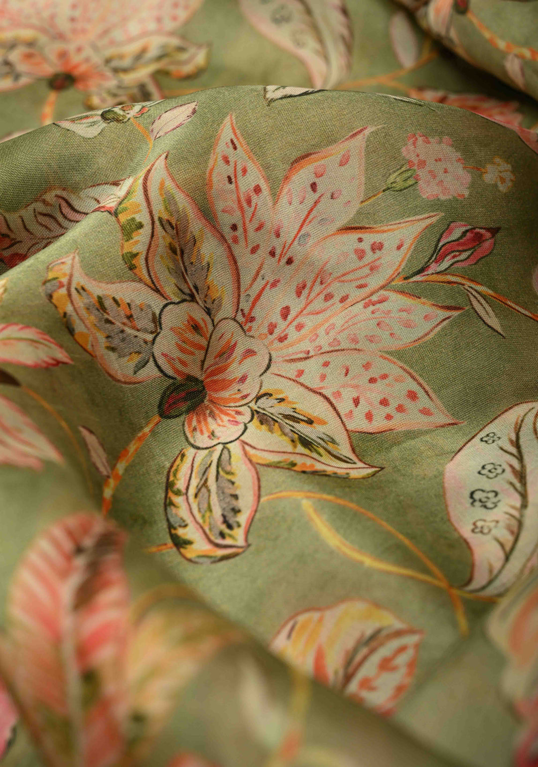 Green Vegan Silk Habutai Saree with Digital Print and Cord Pitta Embroidery Border, No Blouse Piece