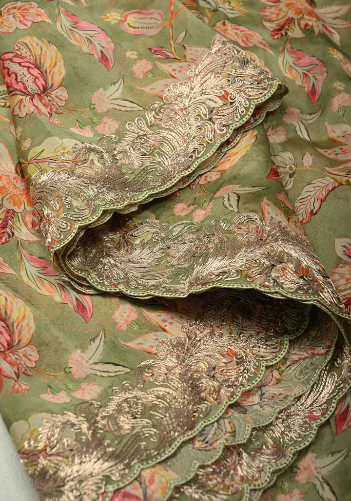 Green Vegan Silk Habutai Saree with Digital Print and Cord Pitta Embroidery Border, No Blouse Piece