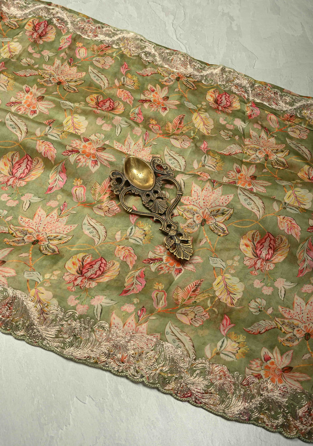 Green Vegan Silk Habutai Saree with Digital Print and Cord Pitta Embroidery Border, No Blouse Piece