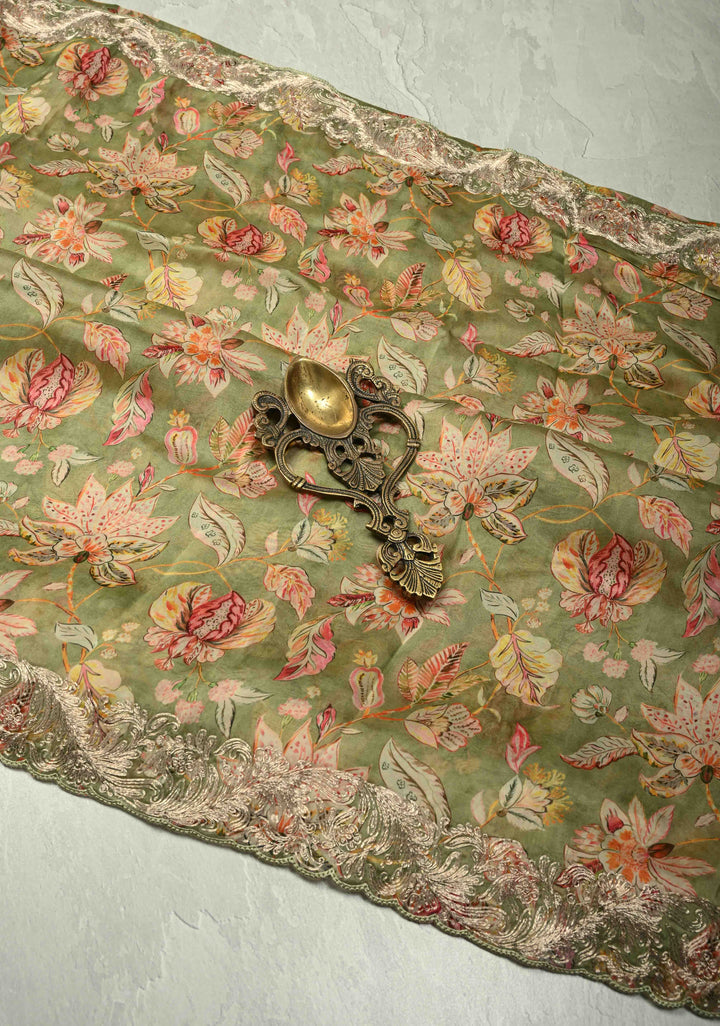 Green Vegan Silk Habutai Saree with Digital Print and Cord Pitta Embroidery Border, No Blouse Piece