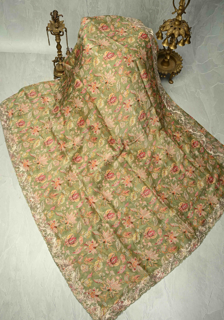 Green Vegan Silk Habutai Saree with Digital Print and Cord Pitta Embroidery Border, No Blouse Piece
