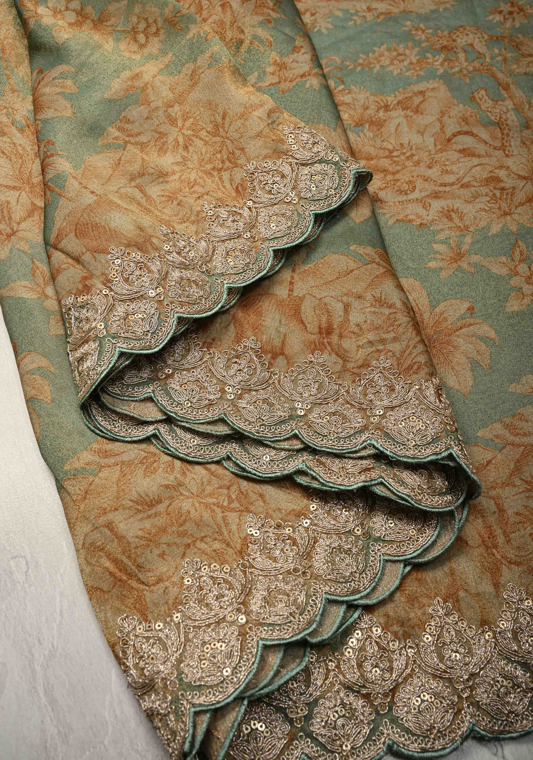 Dusty Sage Green Vegan Silk Viscose Tissue Saree with Printed Floral Pattern and Antique Gold Embroidery Scallop Border
