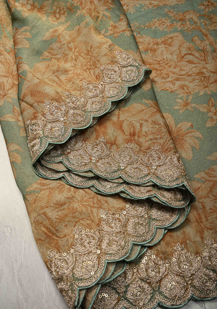 Dusty Sage Green Vegan Silk Viscose Tissue Saree with Printed Floral Pattern and Antique Gold Embroidery Scallop Border