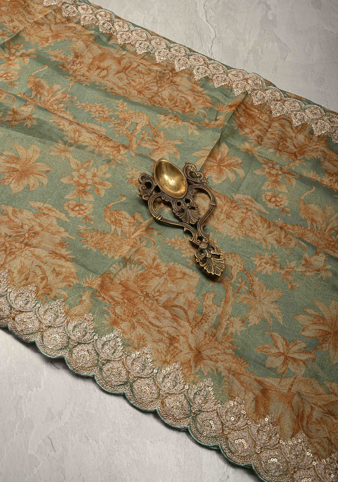 Dusty Sage Green Vegan Silk Viscose Tissue Saree with Printed Floral Pattern and Antique Gold Embroidery Scallop Border