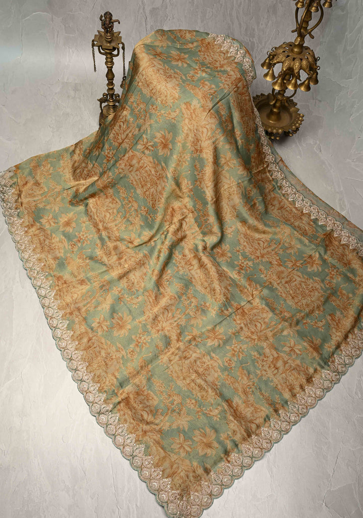 Dusty Sage Green Vegan Silk Viscose Tissue Saree with Printed Floral Pattern and Antique Gold Embroidery Scallop Border