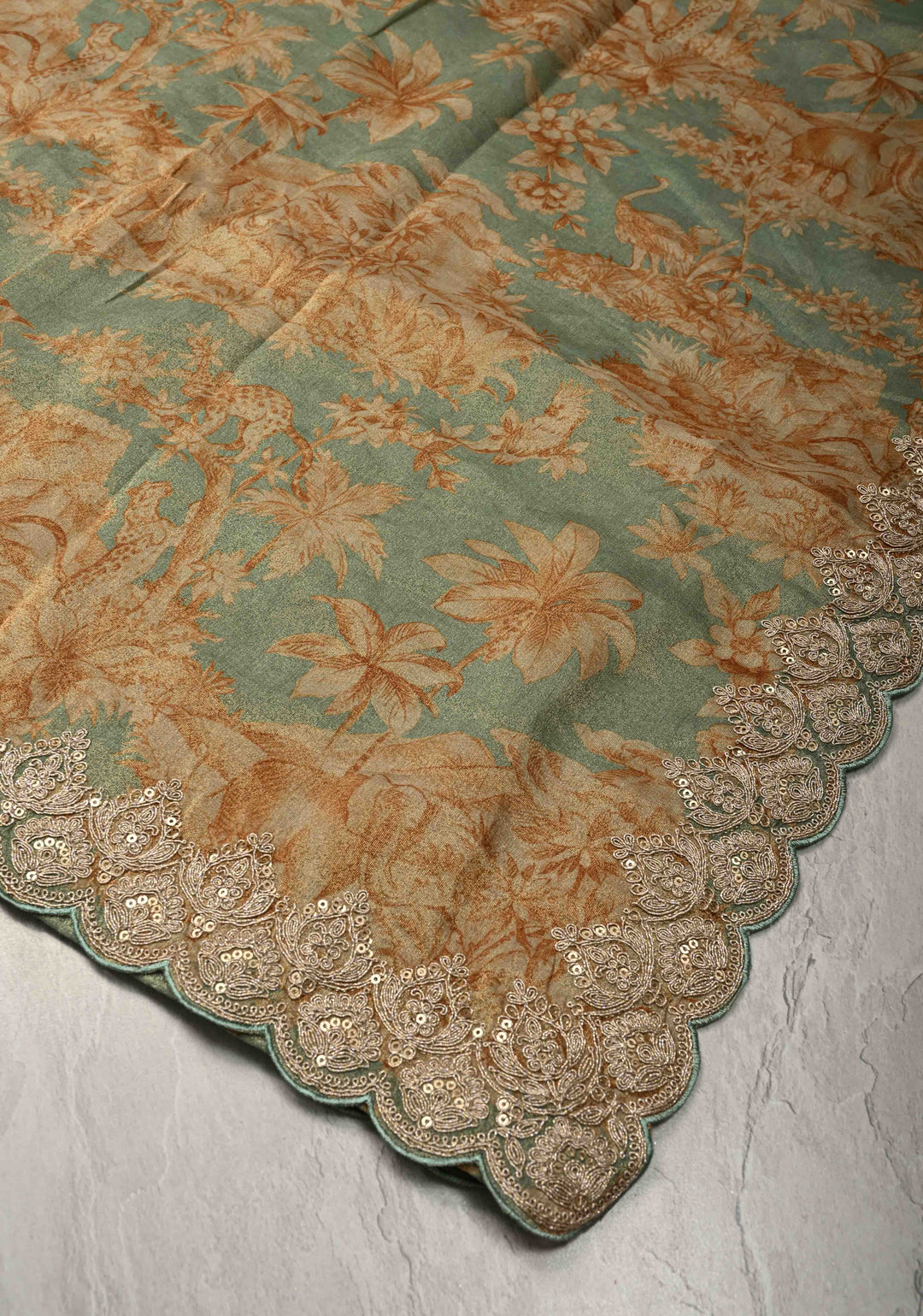Dusty Sage Green Vegan Silk Viscose Tissue Saree with Printed Floral Pattern and Antique Gold Embroidery Scallop Border