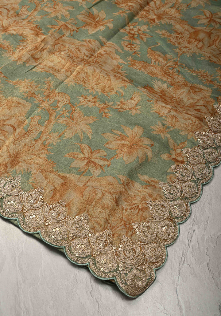 Dusty Sage Green Vegan Silk Viscose Tissue Saree with Printed Floral Pattern and Antique Gold Embroidery Scallop Border