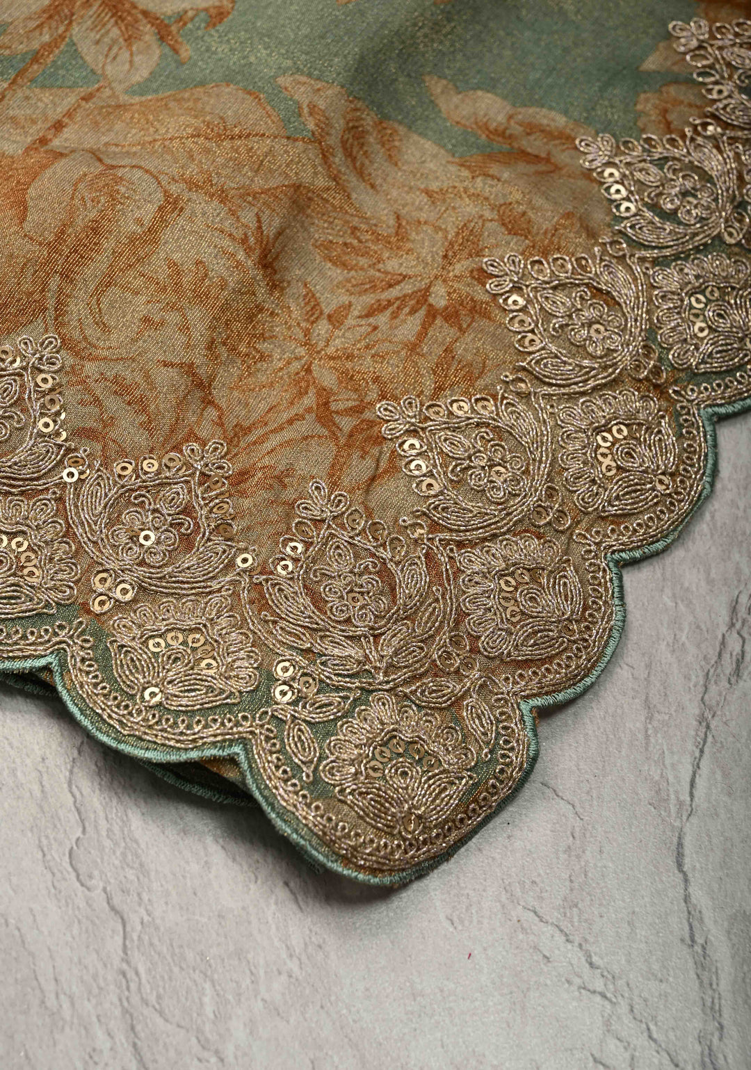Dusty Sage Green Vegan Silk Viscose Tissue Saree with Printed Floral Pattern and Antique Gold Embroidery Scallop Border