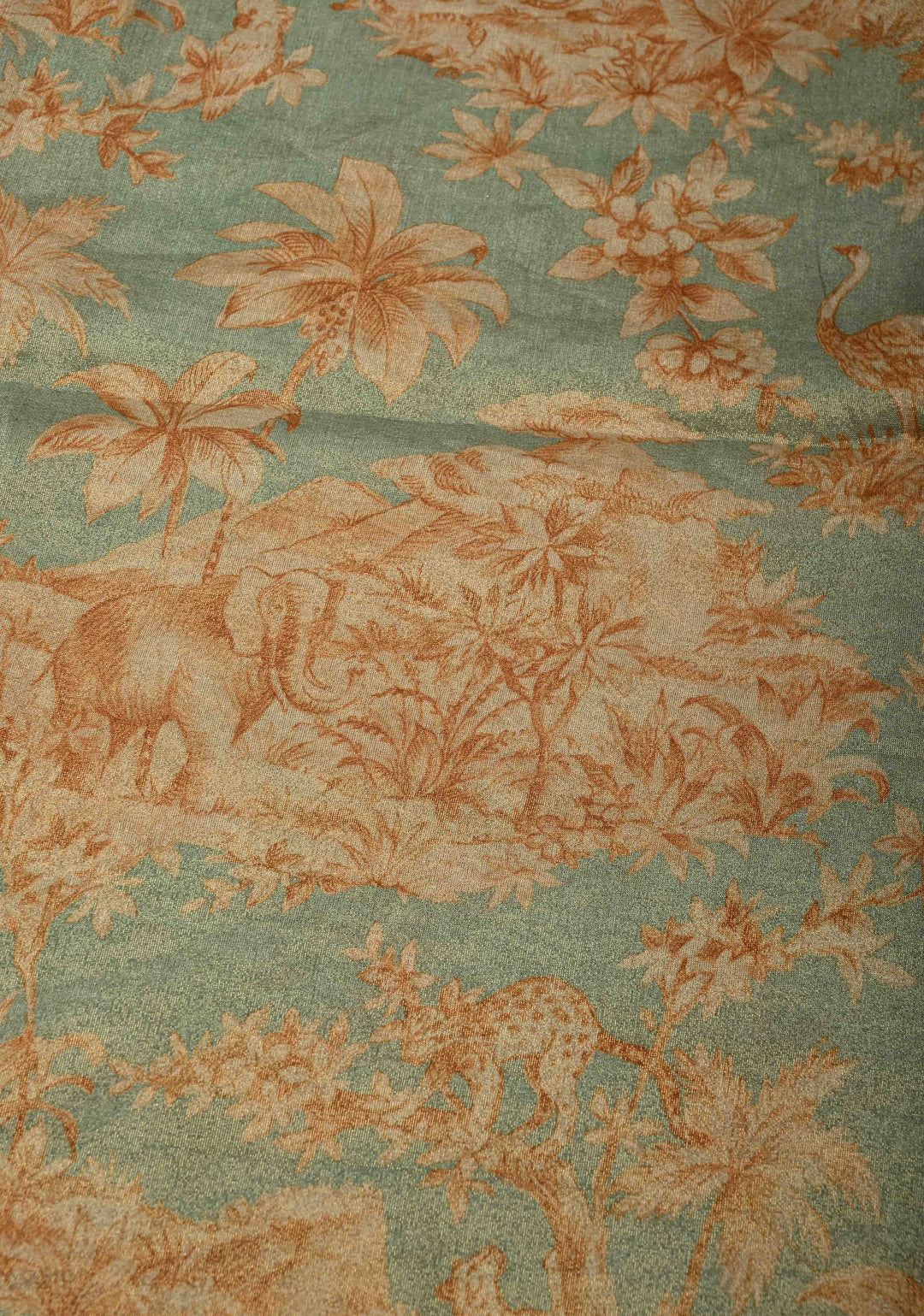 Dusty Sage Green Vegan Silk Viscose Tissue Saree with Printed Floral Pattern and Antique Gold Embroidery Scallop Border