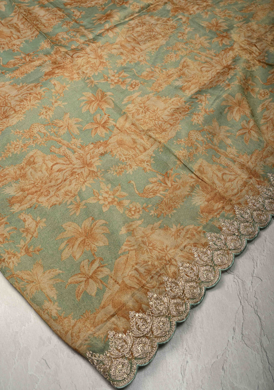 Dusty Sage Green Vegan Silk Viscose Tissue Saree with Printed Floral Pattern and Antique Gold Embroidery Scallop Border