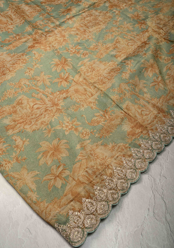 Dusty Sage Green Vegan Silk Viscose Tissue Saree with Printed Floral Pattern and Antique Gold Embroidery Scallop Border