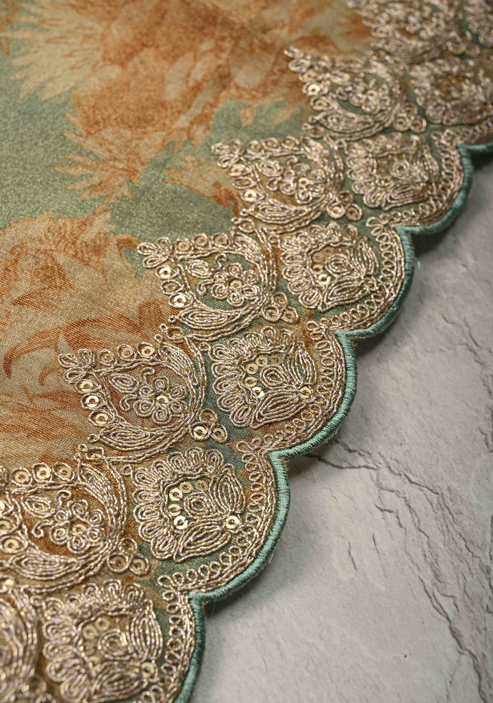 Dusty Sage Green Vegan Silk Viscose Tissue Saree with Printed Floral Pattern and Antique Gold Embroidery Scallop Border