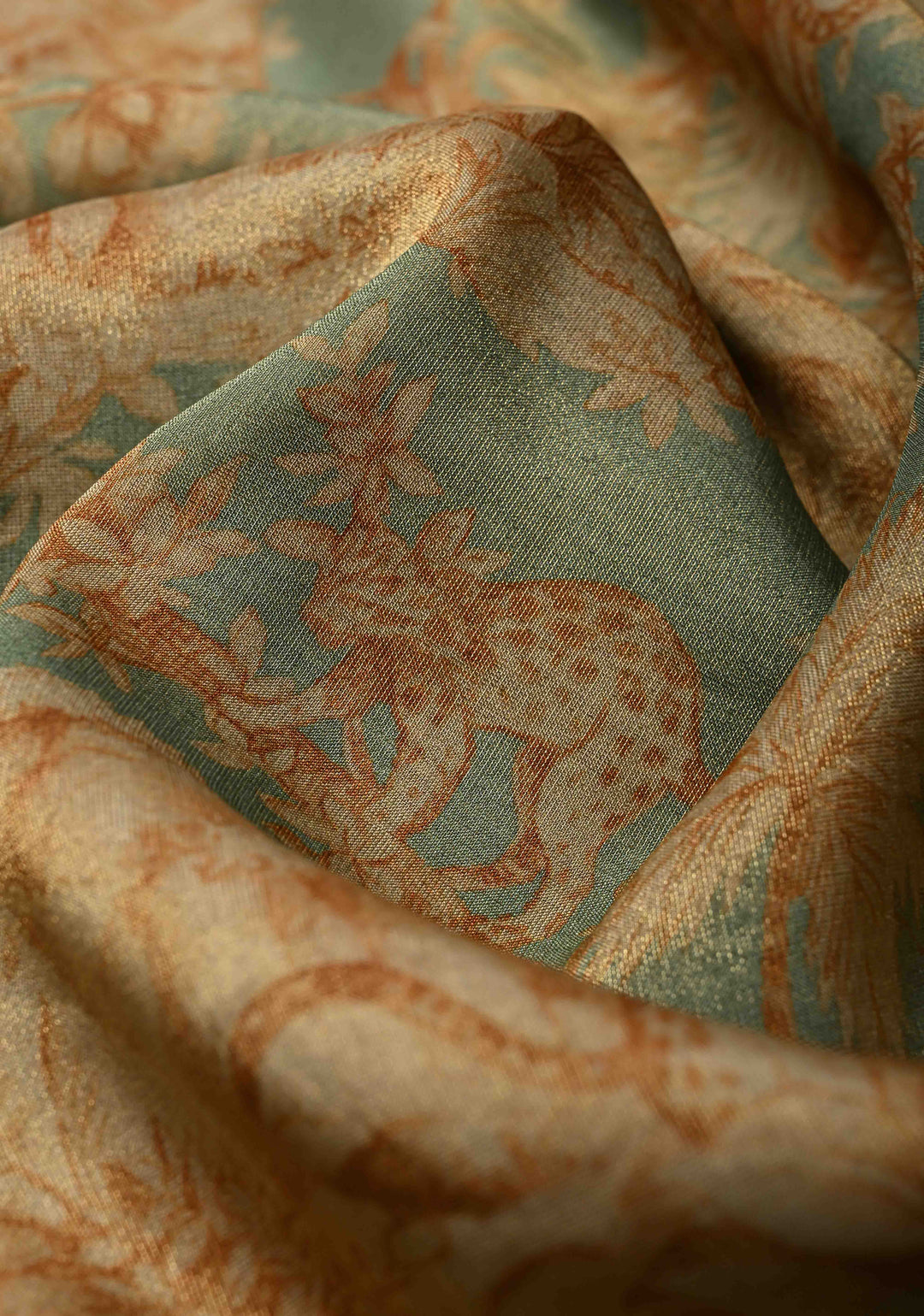 Dusty Sage Green Vegan Silk Viscose Tissue Saree with Printed Floral Pattern and Antique Gold Embroidery Scallop Border