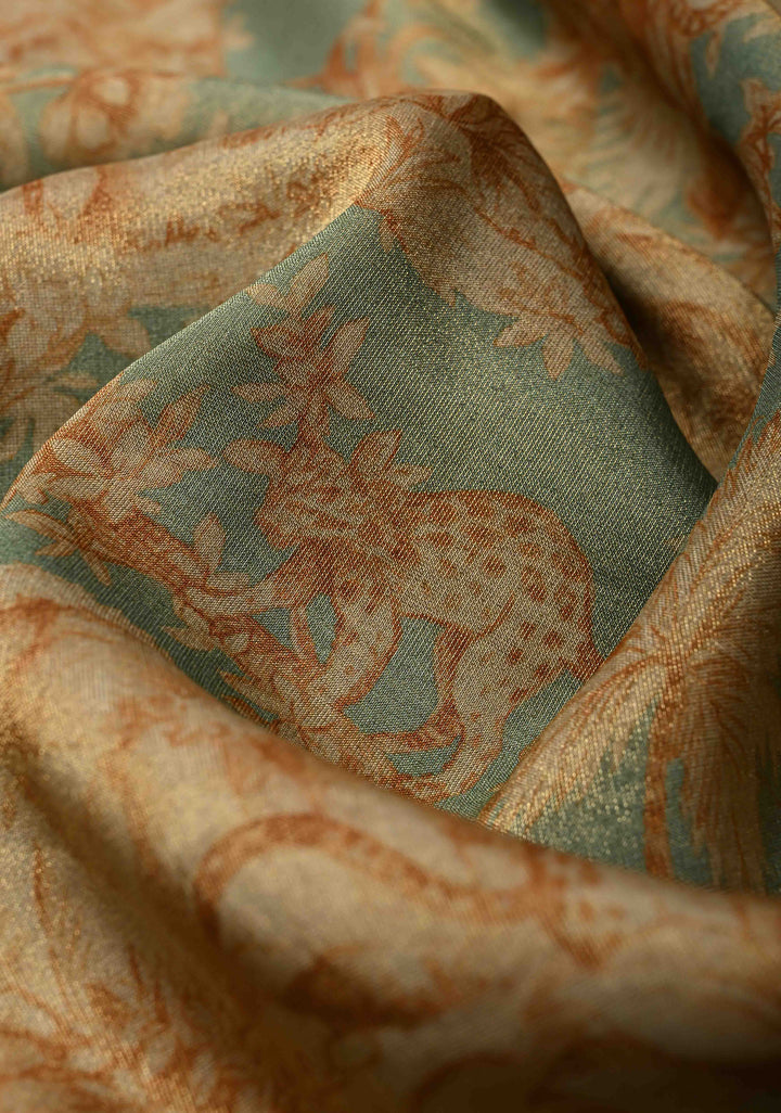 Dusty Sage Green Vegan Silk Viscose Tissue Saree with Printed Floral Pattern and Antique Gold Embroidery Scallop Border
