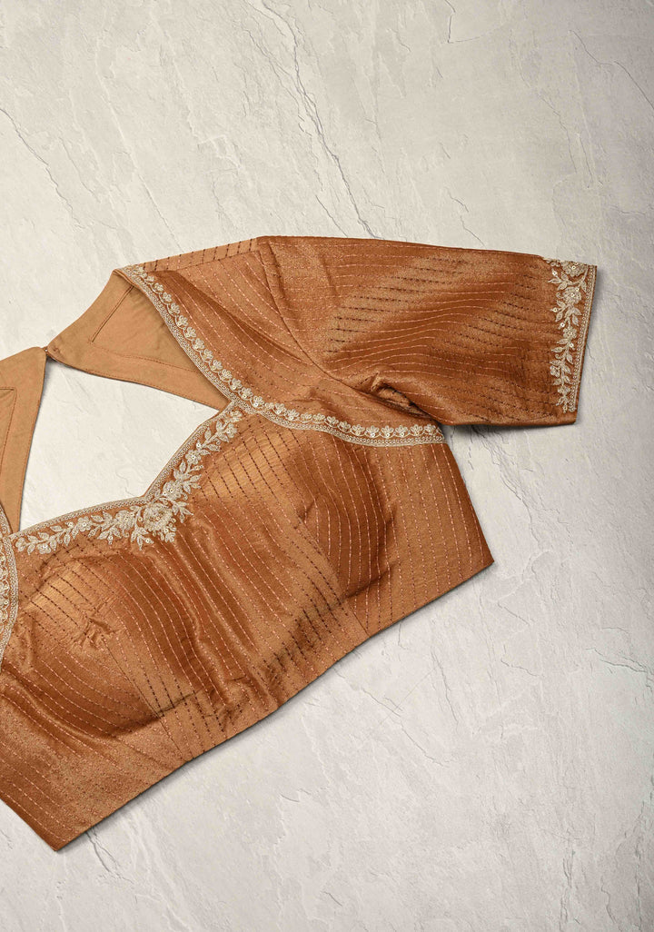 Dusty Rose Vegan Viscose Tissue Saree with Printed Toile Pattern and Cord Pitta Embroidery Scallop Border