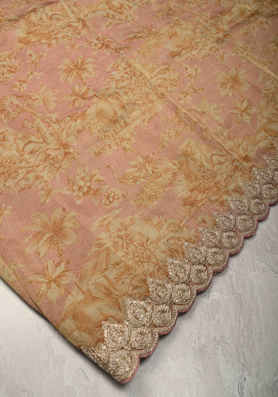 Dusty Rose Vegan Viscose Tissue Saree with Printed Toile Pattern and Cord Pitta Embroidery Scallop Border