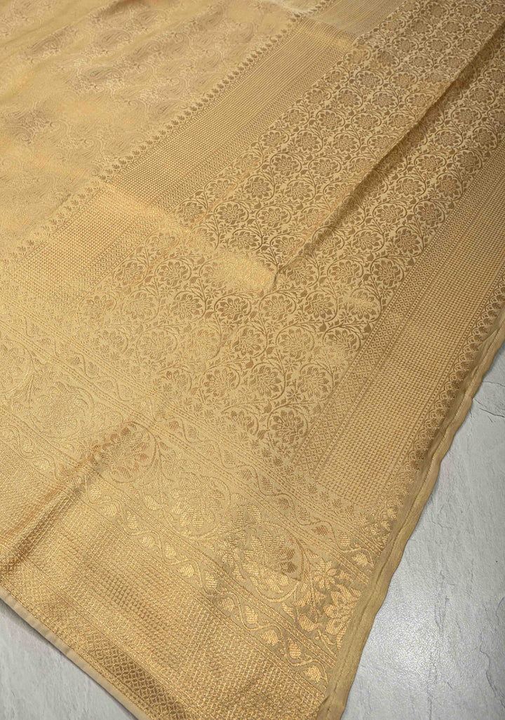 Beige Vegan Viscose Silk Saree with Paisley Brocade and Zari Border