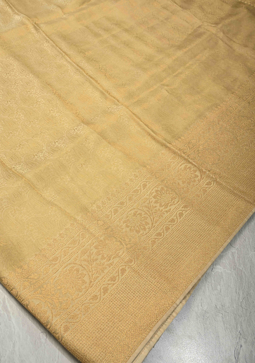 Beige Vegan Viscose Silk Saree with Paisley Brocade and Zari Border