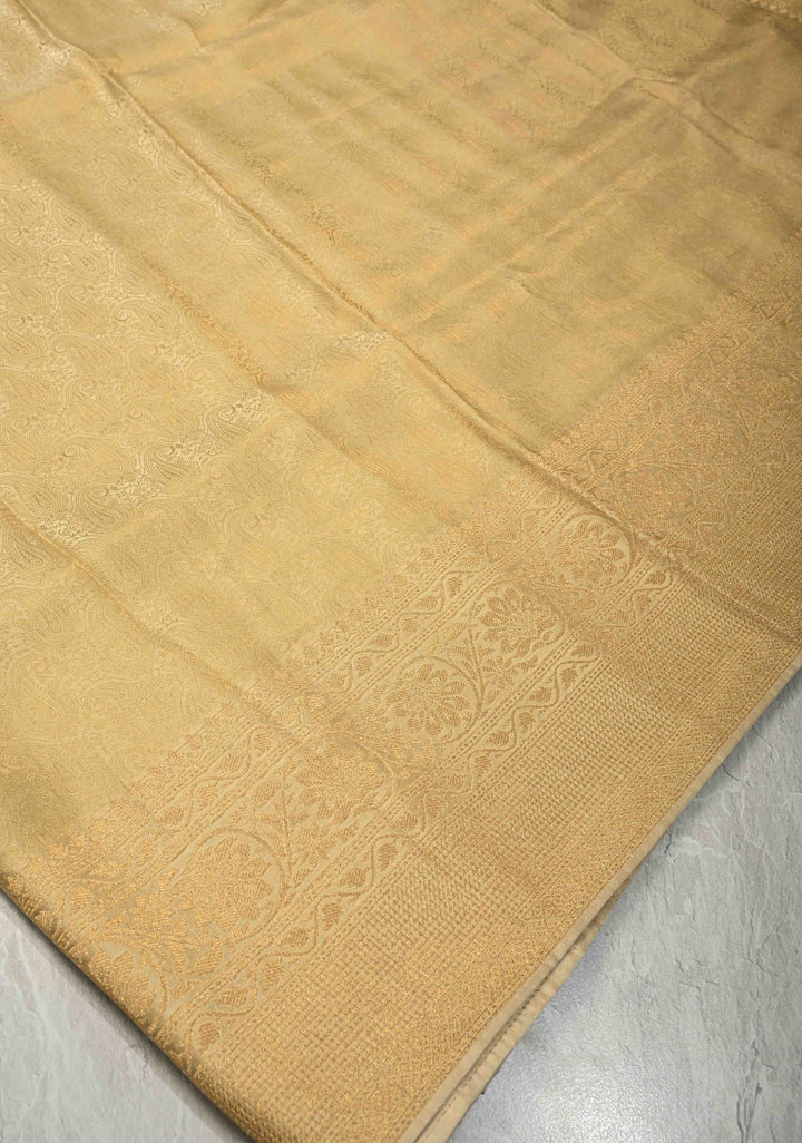 Beige Vegan Viscose Silk Saree with Paisley Brocade and Zari Border