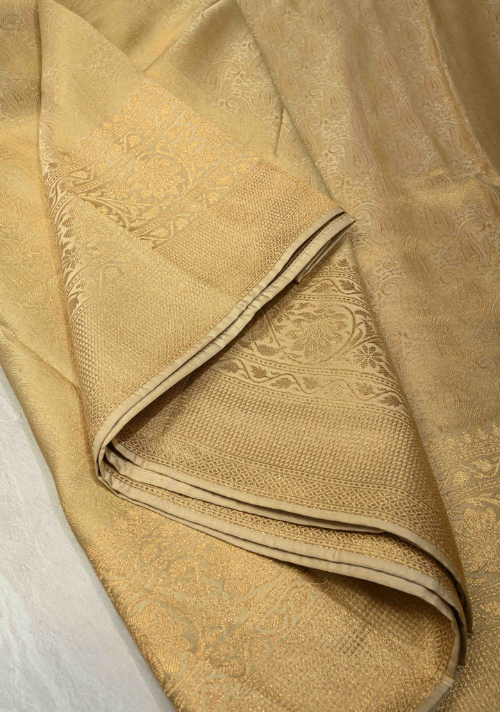 Beige Vegan Viscose Silk Saree with Paisley Brocade and Zari Border