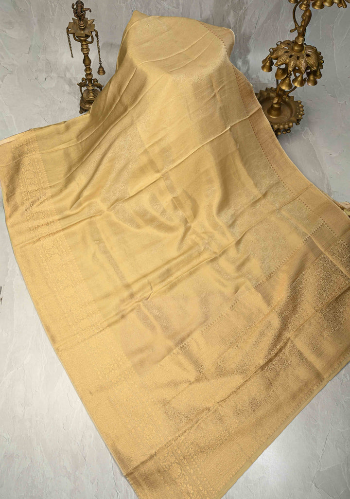 Beige Vegan Viscose Silk Saree with Paisley Brocade and Zari Border