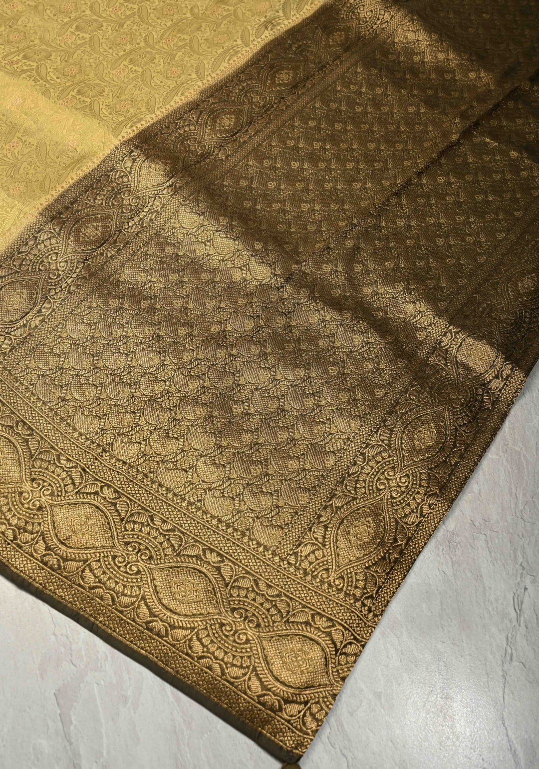 Butter Yellow Floral Brocade Vegan Viscose Silk Saree with Contrast Zari Border