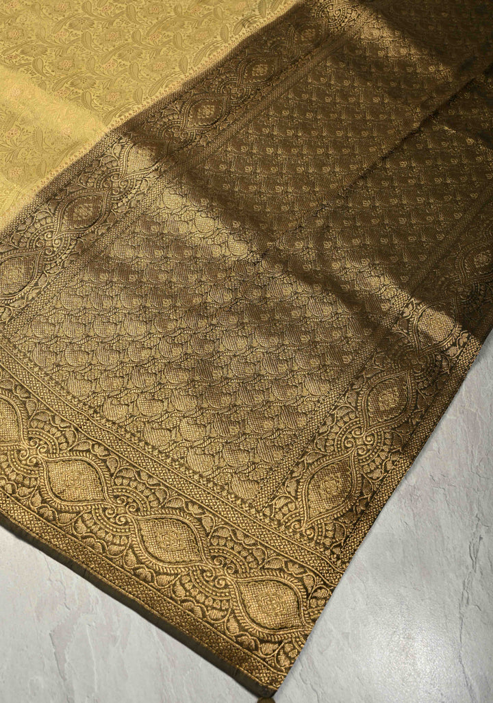 Butter Yellow Floral Brocade Vegan Viscose Silk Saree with Contrast Zari Border