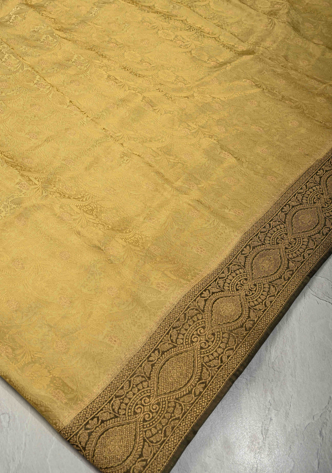 Butter Yellow Floral Brocade Vegan Viscose Silk Saree with Contrast Zari Border