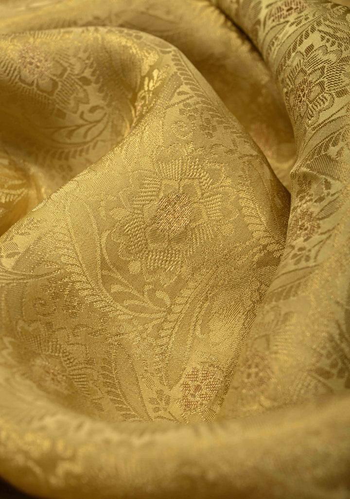 Butter Yellow Floral Brocade Vegan Viscose Silk Saree with Contrast Zari Border