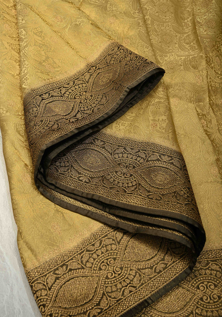 Butter Yellow Floral Brocade Vegan Viscose Silk Saree with Contrast Zari Border