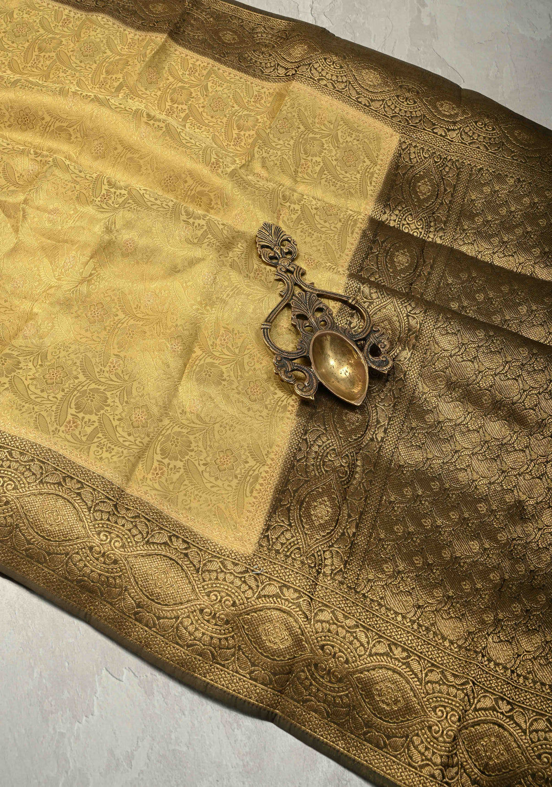 Butter Yellow Floral Brocade Vegan Viscose Silk Saree with Contrast Zari Border