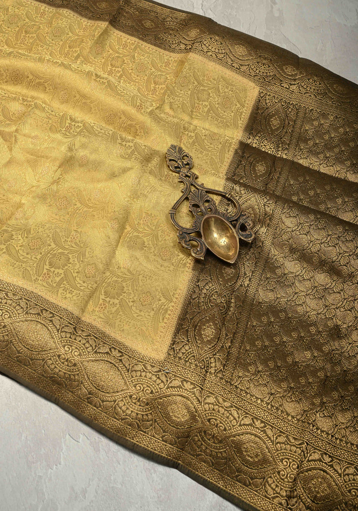 Butter Yellow Floral Brocade Vegan Viscose Silk Saree with Contrast Zari Border