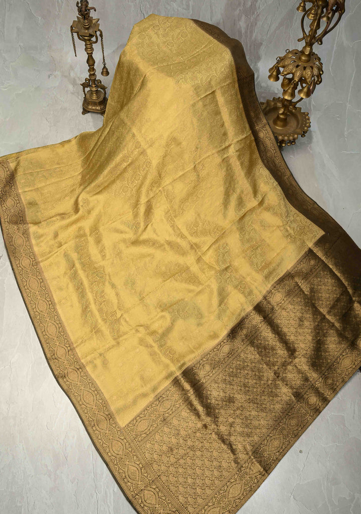 Butter Yellow Floral Brocade Vegan Viscose Silk Saree with Contrast Zari Border