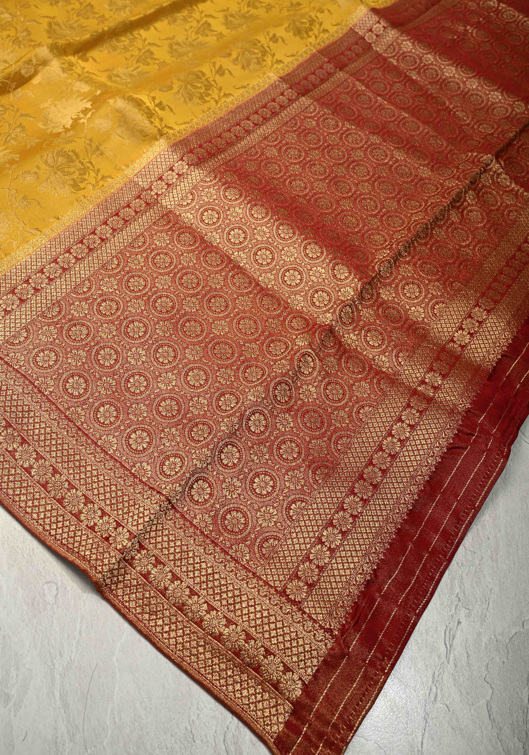 Sunflower Yellow Vegan Viscose Silk Saree with Floral Brocade and Contrast Zari Border
