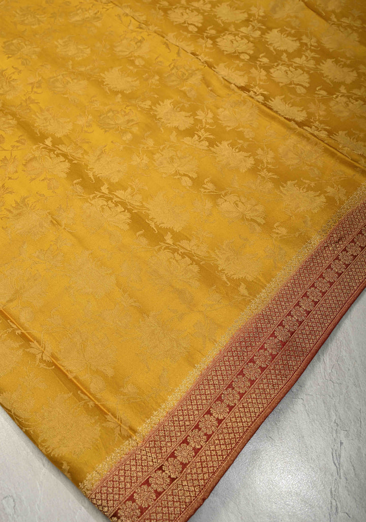 Sunflower Yellow Vegan Viscose Silk Saree with Floral Brocade and Contrast Zari Border
