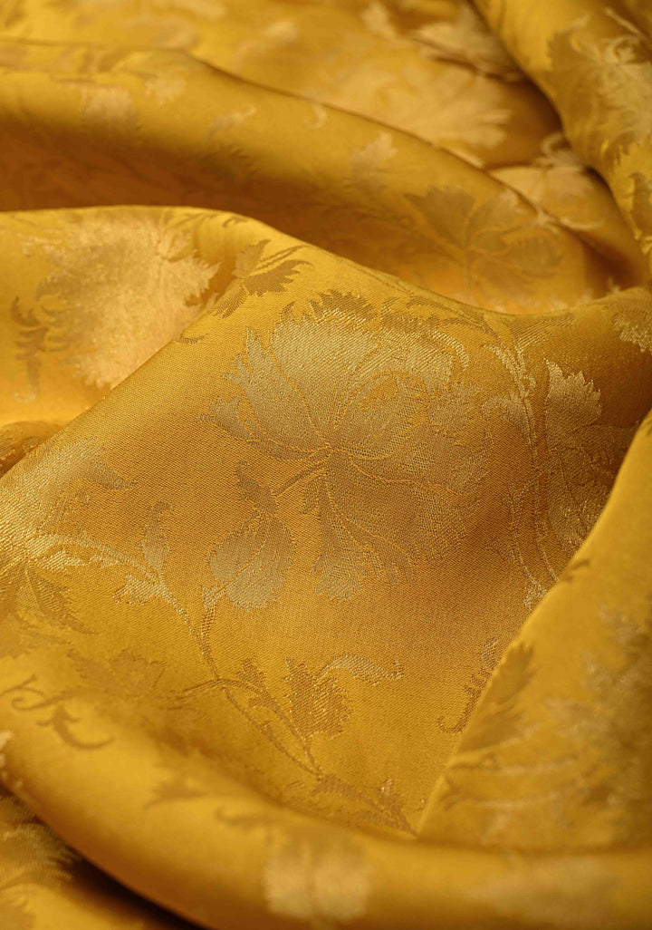 Sunflower Yellow Vegan Viscose Silk Saree with Floral Brocade and Contrast Zari Border