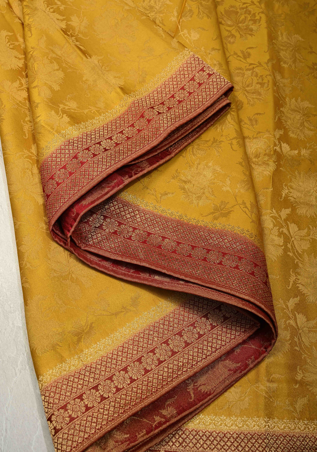 Sunflower Yellow Vegan Viscose Silk Saree with Floral Brocade and Contrast Zari Border