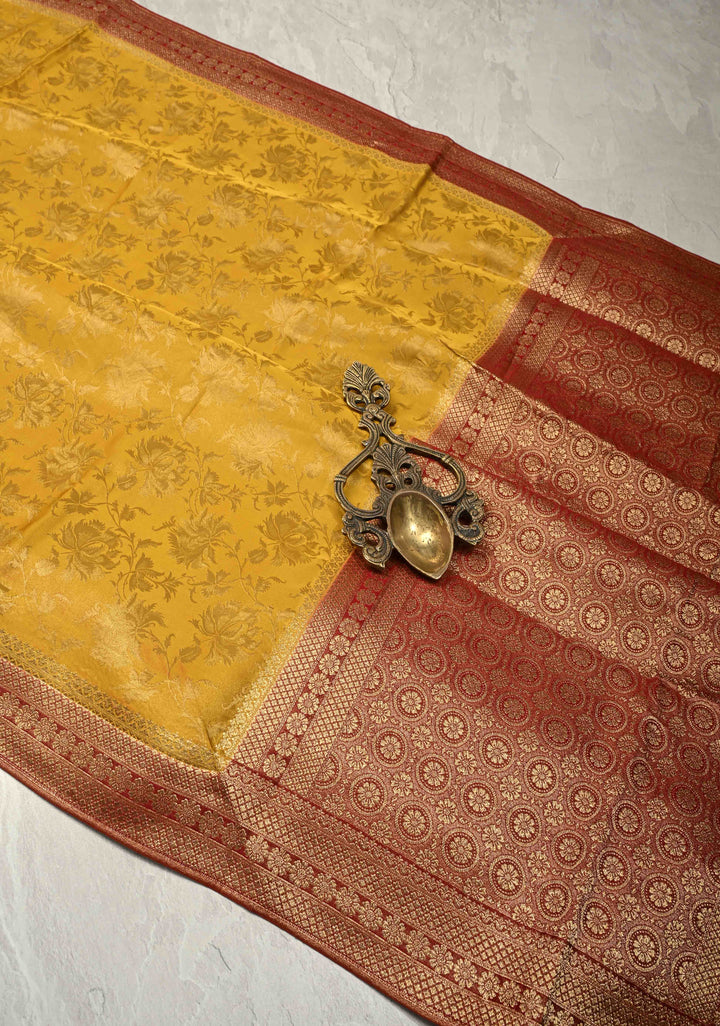 Sunflower Yellow Vegan Viscose Silk Saree with Floral Brocade and Contrast Zari Border