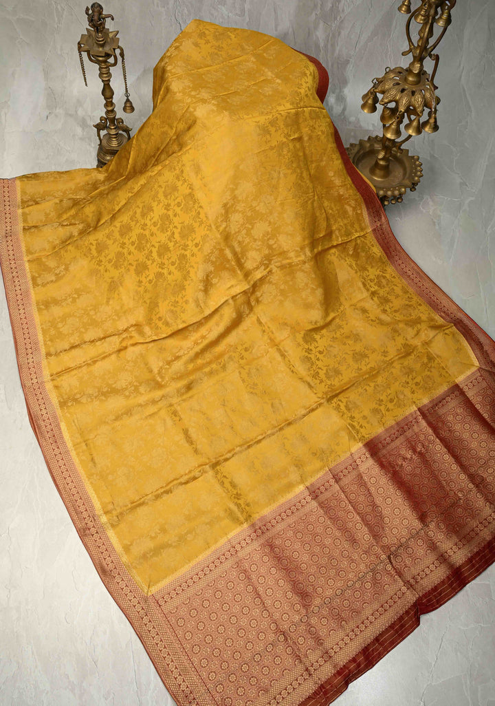 Sunflower Yellow Vegan Viscose Silk Saree with Floral Brocade and Contrast Zari Border