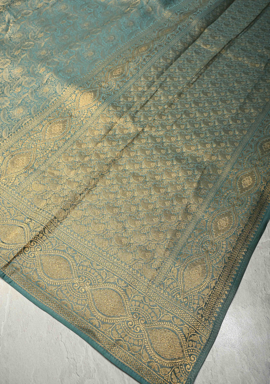 Neon Teal Vegan Viscose Silk Saree with Floral Brocade Jaal and Zari Border