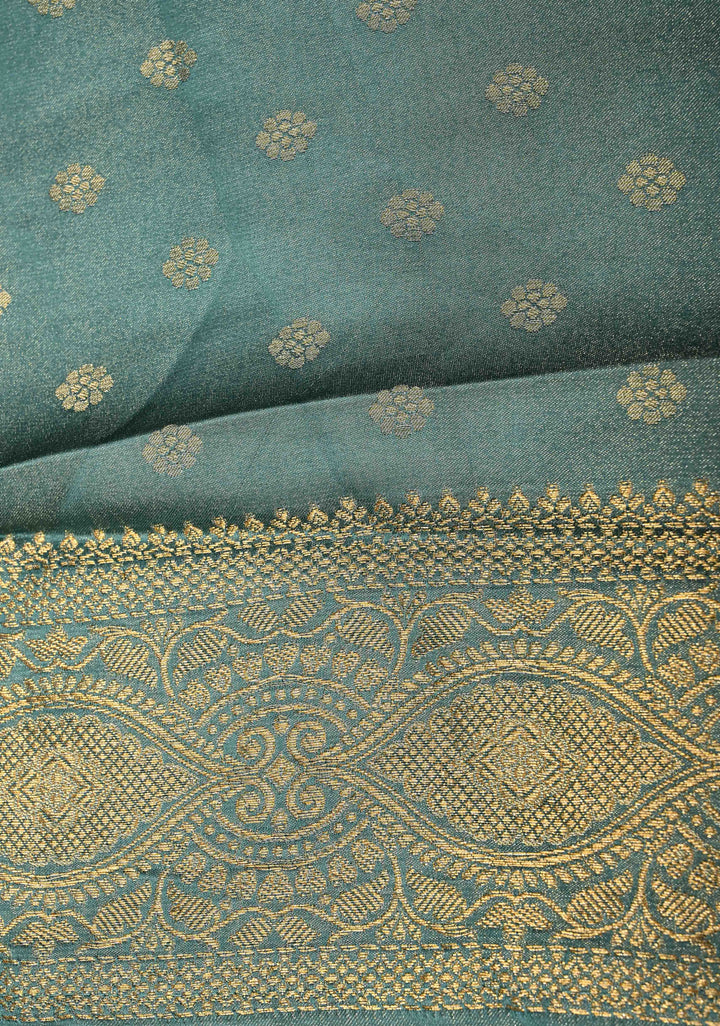 Neon Teal Vegan Viscose Silk Saree with Floral Brocade Jaal and Zari Border