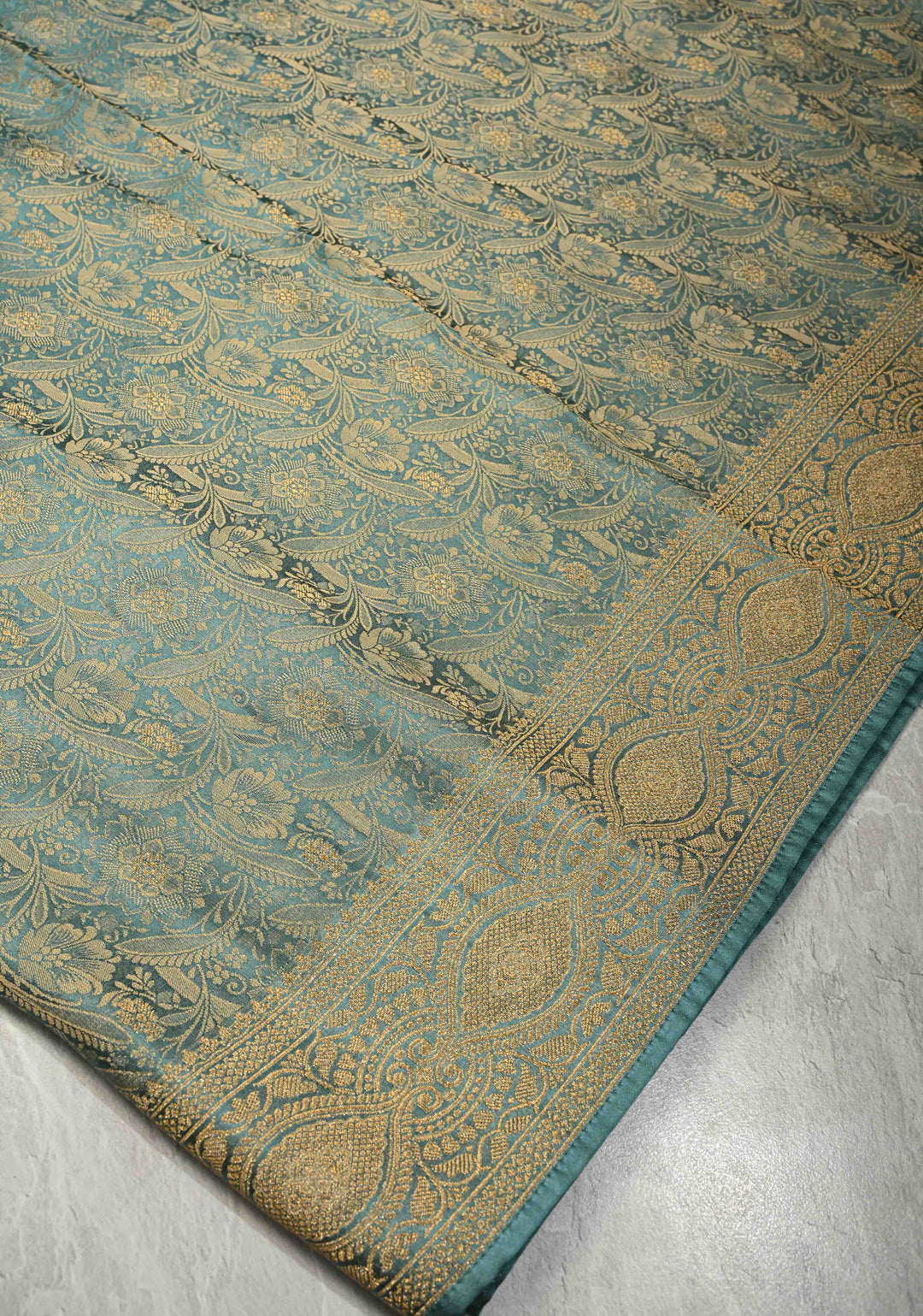 Neon Teal Vegan Viscose Silk Saree with Floral Brocade Jaal and Zari Border