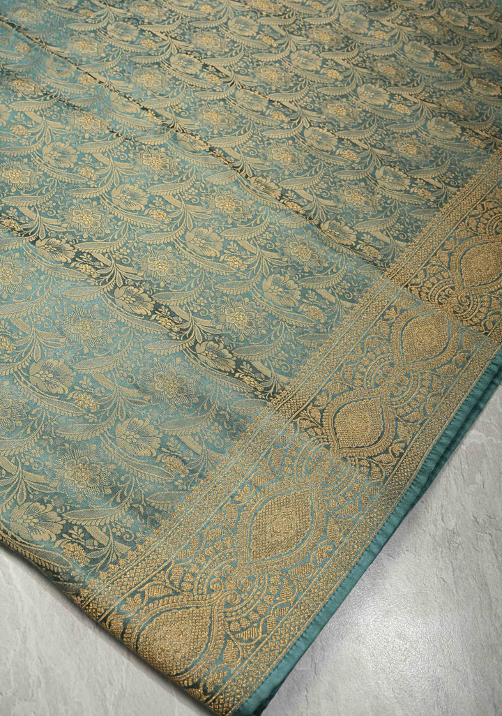 Neon Teal Vegan Viscose Silk Saree with Floral Brocade Jaal and Zari Border