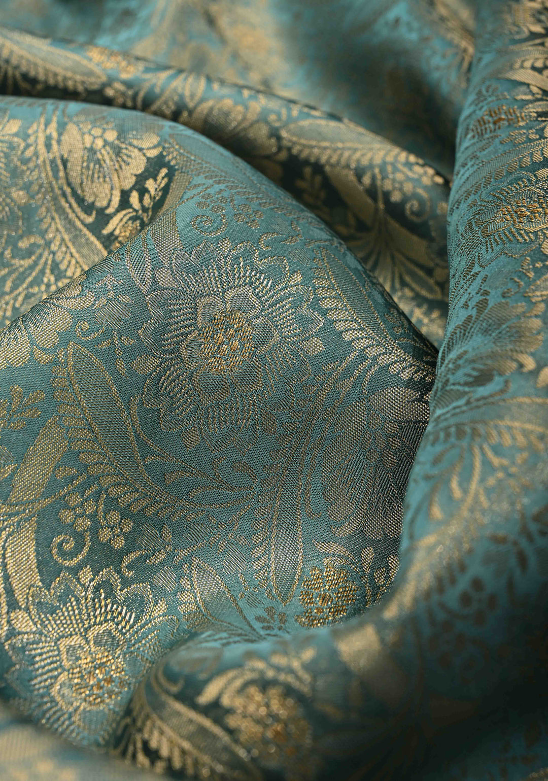 Neon Teal Vegan Viscose Silk Saree with Floral Brocade Jaal and Zari Border